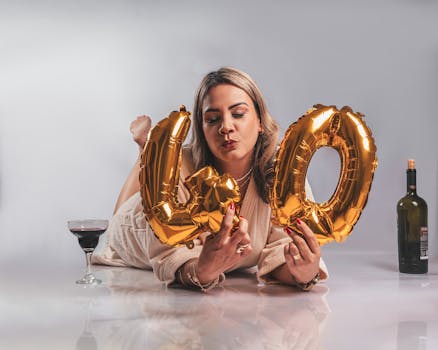 Woman celebrating her 40th birthday with golden balloons and a glass of wine.